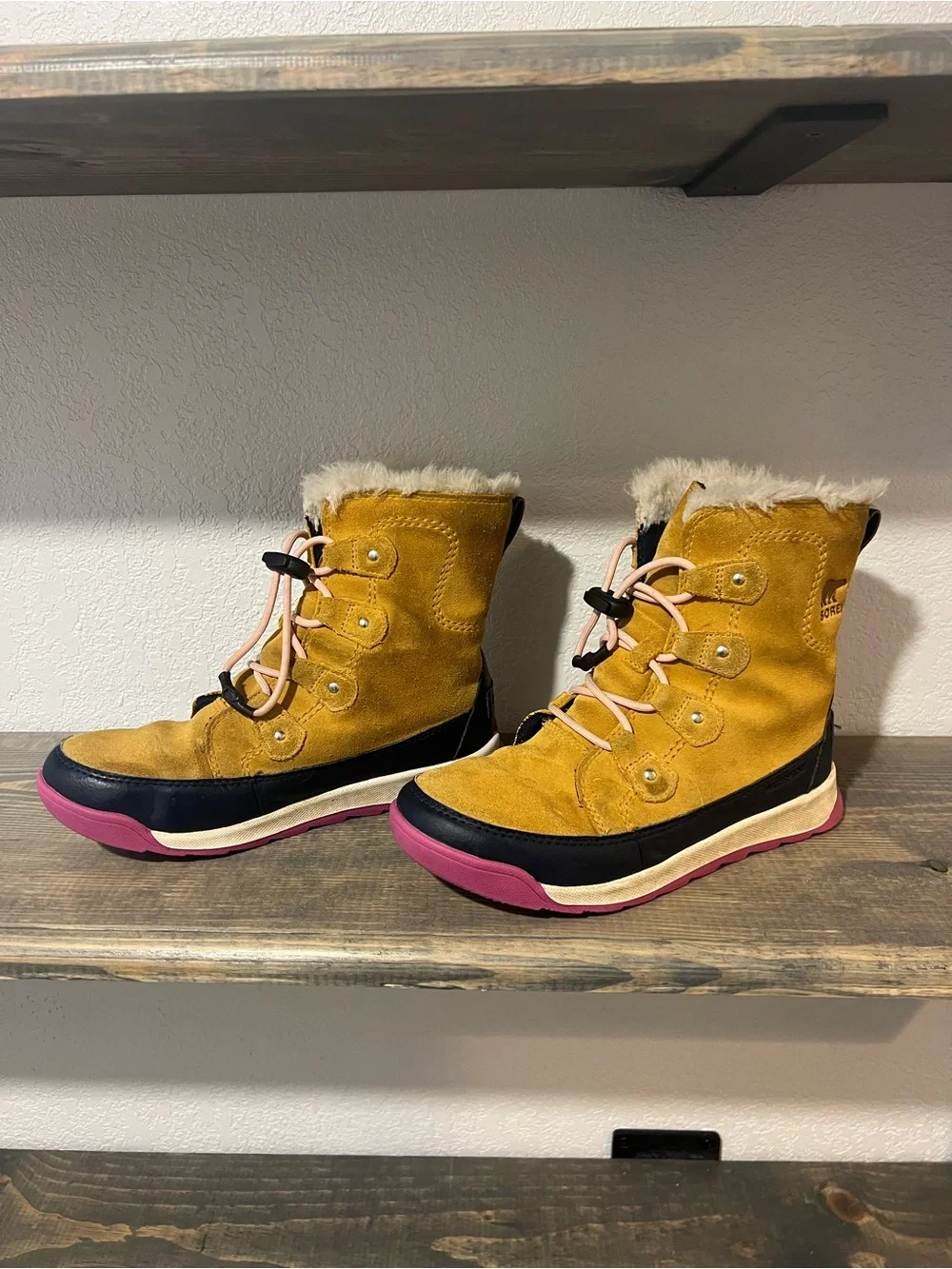 Tan Suede Winter Boots with Pink Sole